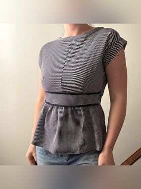 Monteau navy and white vertical striped peplum short sleeve top